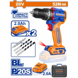 TALADRO ATORN. CON PERCUTOR A BATERIA 20V 52NM + 2 BAT 2.0AH + CARGADOR + ACCESORIOS + VALIJA WADFOW WCDP5281