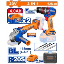 KIT COMBO A BATERIA 20V TALADRO ATORN. CON PERCUTOR 62NM + AMOLADORA 115MM + 2 BAT 4.0AH + CARGADOR + ACCESORIOS + VALIJ