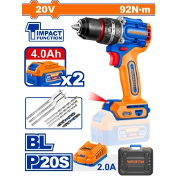 TALADRO ATORNILLADOR CON PERCUTOR 92NM A BATERIA 20V + 2 BAT 4.0AH + CARGADOR + ACCESORIOS + VALIJA WADFOW WCDP9281