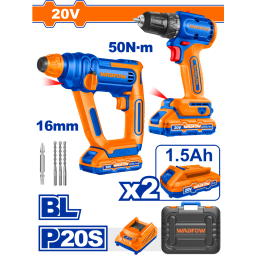 COMBO TALADRO A BATERIA 10MM CPERCUTOR  BRUSHLESS 20V P20S + ROTOMARTILLO A BATERIA 1,5J 20V P20S EN VALIJA C2 BAT WOS