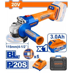 AMOLADORA A BATERIA BRUSHLESS 20V C/ BAT 3.0 AMP + CARGADOR 5 DISCOS + VALIJA WADFOW - WLAP522