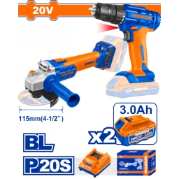 SET AMOLADORA BRUSHLESS + ATORNILLADOR A BATERIA 20V C/ 2 BAT 3.0 AMP + CARGADOR WADFOW - WCK20512