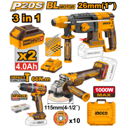 KIT COMBO A BATERIA P20S 20V TALADRO ATORNILLADOR CPERCUTOR + AMOLADORA + ROTOMARTILLO C2 BATERIAS, CARGADOR, VALIJA Y