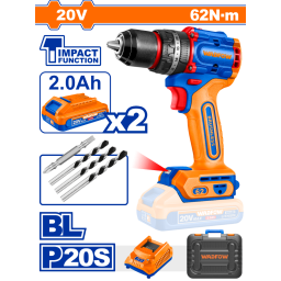 TALADRO ATORN. C/ PERCUTOR A BATERA 20V P20S BRUSHLESS C/2BAT, CARGADOR, ACCESORIOS Y VALIJA WADFOW WCDP6281