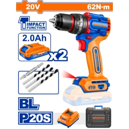 TALADRO ATORN. C PERCUTOR A BATERÍA 20V P20S BRUSHLESS C2BAT, CARGADOR, ACCESORIOS Y VALIJA WADFOW WCDP6281