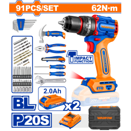 SET DE HERRAMIENTAS 91 PCS + TALADRO ATORN. C/ PERCUTOR 20V 62NM A BATERA +  2 BAT + CARGADOR + VALIJA WADFOW WDT4B91