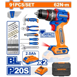 SET DE HERRAMIENTAS 91 PCS + TALADRO ATORN. C/ PERCUTOR 20V 62NM A BATER�A +  2 BAT + CARGADOR + VALIJA WADFOW WDT4B91