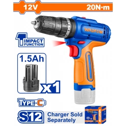TALADRO ATORNILLADOR PERCUTOR A BATERIA 12V 20NM C/ BAT 1.5AH S/CARGADOR WADFOW WCDS5681