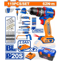 SET 119 HERRAMIENTAS + TALADRO ATORN. C/ PERCUTOR 20V 62NM + �2 BAT + CARGADOR + VALIJA WADFOW WDT4B119